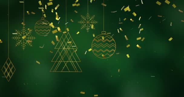Цифровая Анимация Золотых Конфетти Падает Рождественские Украшения Висящие Зеленом Фоне — стоковое видео
