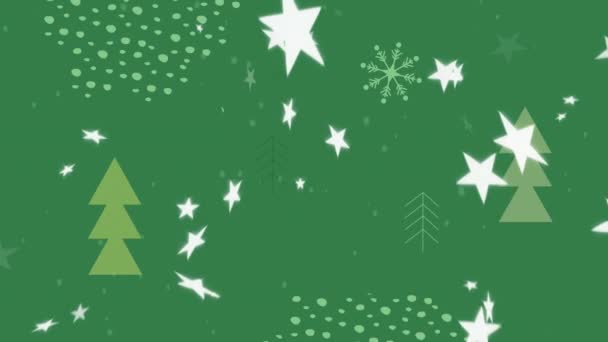 Animatie Van Kerstbomen Witte Sterren Die Groene Achtergrond Vallen Kerstfeest — Stockvideo