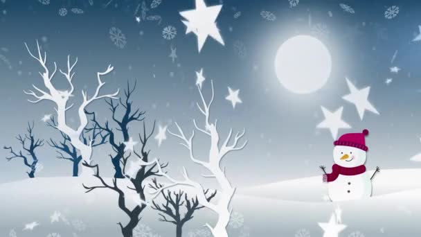 Анімація Зимових Пейзажів Щасливим Сніговиком Снігом Падає Над Деревом Синьому — стокове відео