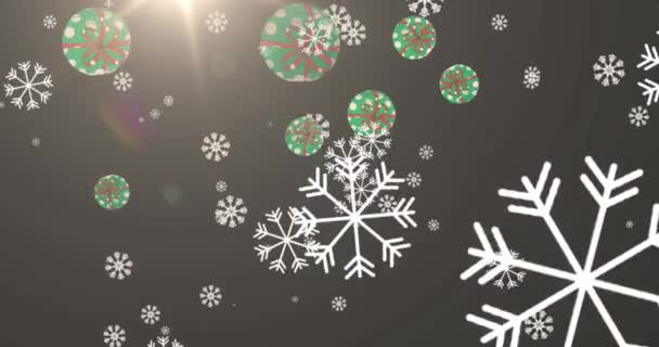 Цифровая Анимация Снежинки Рождества Подходит Падению Яркое Пятно Света Сером — стоковое видео