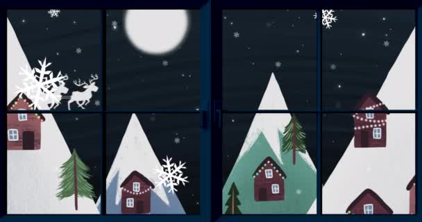 Цифрова Анімація Віконної Рами Проти Снігу Падає Над Силуетом Санта — стокове відео