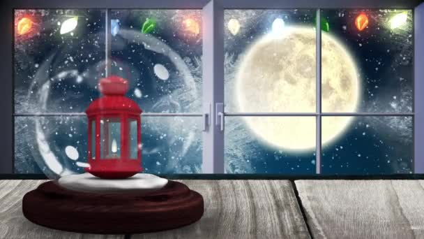 Animatie Van Sneeuwbol Met Lantaarn Flikkerende Sprookjes Zwart Silhouet Kerstman — Stockvideo