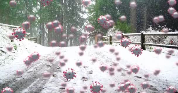 Animação Células Vívidas Movendo Sobre Cenário Inverno Com Neve Coberta — Vídeo de Stock