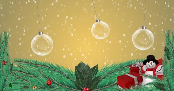 Animation Christmas Clear Baubles Dangling Fir Tree Branch Decoration Snowman — Stock Video