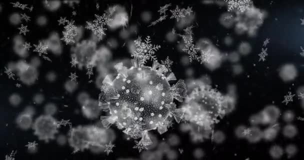 在黑暗的背景上 冬季风景和白雪映衬下的19间牢房的动画效果 Covid 19冠脉病毒大流行概念期间的圣诞节期间数字生成的图像 — 图库视频影像