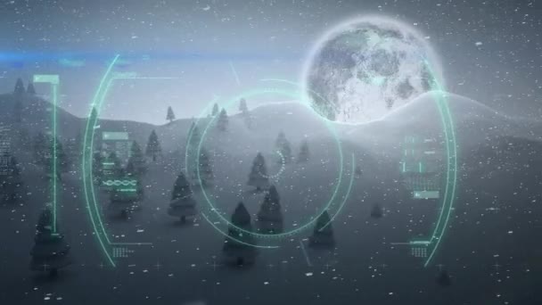 Animation Covid Cell Scope Moving Winter Scenery Fir Trees Snow — Stock Video