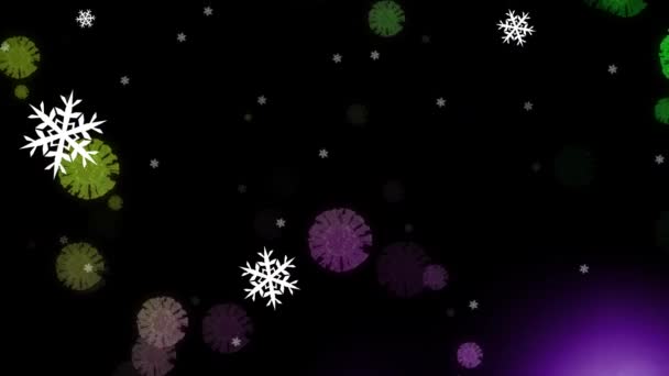 Animation Covid Cells Moving Winter Scenery Snow Falling Purple Glow — Stock Video