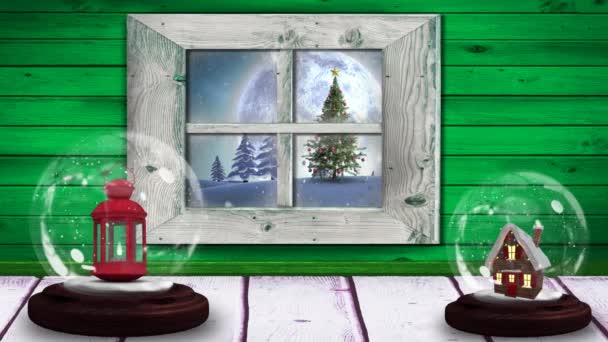 Animáció Két Hógömb Téli Karácsonyi Táj Havazással Telihold Látható Ablakon — Stock videók