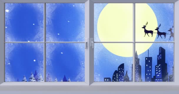 Cyfrowa Animacja Ramy Okna Przed Sylwetką Świętego Mikołaja Saniach Ściąganego — Wideo stockowe
