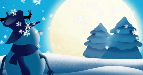 雪が降って満月とトナカイや冬のクリスマスの風景で引っ張らそりでサンタクラスのシルエットを見て雪だるまのアニメーション クリスマスお祝いのコンセプトデジタル生成されたイメージ — ストック動画