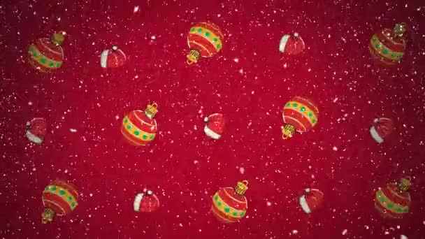 Animatie Van Kerstballen Kerstmuts Decoraties Bewegen Rijen Met Sneeuw Vallen — Stockvideo