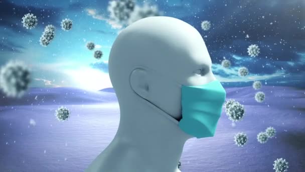 Animación Covid Células Moviéndose Sobre Cabeza Humana Con Mascarilla Girando — Vídeos de Stock