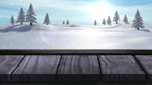 Анимация Зимних Пейзажей Падающим Снегом Деревянной Поверхностью Переднем Плане Концепция — стоковое видео