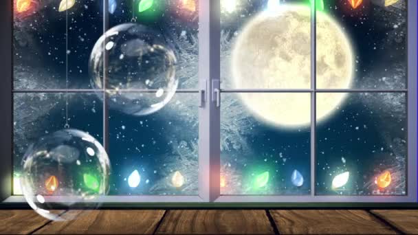 Animacja Szklanych Bombki Światła Bajki Nad Sylwetką Świętego Mikołaja Saniach — Wideo stockowe