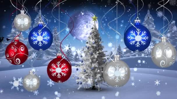 驯鹿拉着雪橇挂着圣诞彩绘装饰的动画 雪花落在蓝色的背景上 — 图库视频影像