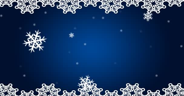 Animation Von Weißer Weihnachtsdekoration Und Schneeflocken Die Auf Blauem Hintergrund — Stockvideo