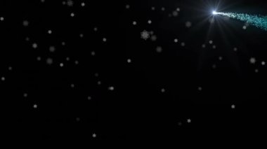 Siyah arka planda kar yağarken parlayan kayan yıldızın animasyonu. Noel mevsimleri şenlik kutlaması konsepti dijital olarak oluşturuldu.