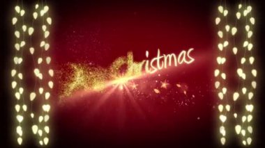 Kırmızı arka planda mutlu noel mesajları ve peri ışıkları animasyonu. Noel kutlaması konsepti dijital olarak oluşturulmuş görüntü.