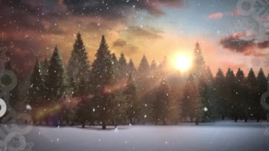 Kış manzarasında ağaçlarla yanıp sönen Noel ışıklarının animasyonu. Noel mevsimleri şenlik kutlaması konsepti dijital olarak oluşturuldu.