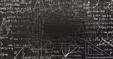 Siyah arkaplana karşı hareket eden matematiksel denklemlerin ve diyagramların dijital animasyonu. Matematiksel bilgi akışı kavramı
