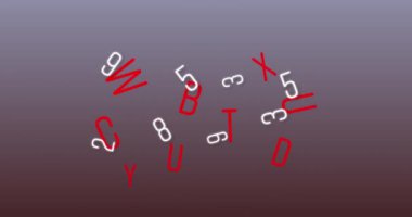 Neon rastgele numaralar ve alfabeler, değişen kırmızı ve gri arkaplanlara karşı hareket ediyorlar. alfabetik ve sayısal veri işleme bilgi akışı kavramı.