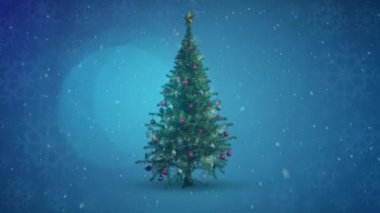 Süslü Noel ağacı, yağan kar ve hafif noktaların animasyonu. Noel kutlaması konsepti dijital olarak oluşturulmuş görüntü.