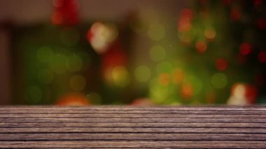 Noel ağacında yanıp sönen ışıkların canlandırması, ahşap yüzey. Noel mevsimleri şenlik kutlaması konsepti dijital olarak oluşturuldu.