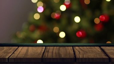 Ahşap yüzeyi olan noel ağacının üzerindeki peri ışıklarının animasyonu. Noel kutlaması konsepti dijital olarak oluşturulmuş görüntü.