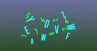 Neon rastgele sayıları ve alfabeler, değişen mavi ve yeşil arkaplanlara karşı hareket ediyor ve değişiyor. alfabetik ve sayısal veri işleme bilgi akışı kavramı.