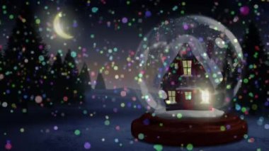 İçinde ev ve benekler yüzen Noel kar küresinin animasyonu. Noel kutlaması konsepti dijital olarak oluşturulmuş görüntü.