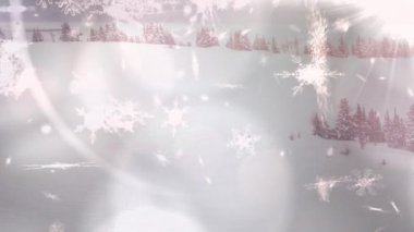 Kış manzarası boyunca yağan kar ve ışıkların animasyonu. Noel kutlaması konsepti dijital olarak oluşturulmuş görüntü.