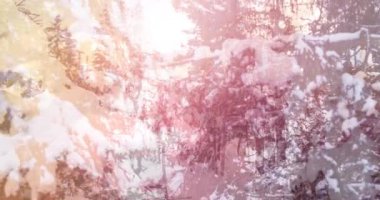 Ev ve ağaçlarla kaplı kar manzarasına karşı parlayan ışık noktalarının dijital bileşimi. dijital birleşik video konsepti