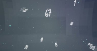 Alfabedeki rastgele harflerin dijital animasyonu ve gri arkaplandaki beyaz parçacıklara karşı hareket eden ve değişen sayılar. sayısal ve alfabetik bilgi akışı kavramı