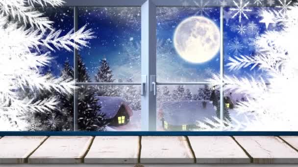 Анімація Санта Клауса Санчатах Зимових Пейзажах Видно Через Вікно Концепція — стокове відео