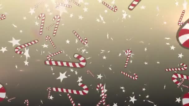 Animación Bastones Caramelo Navideño Estrellas Cayendo Sobre Fondo Gris Navidad — Vídeos de Stock