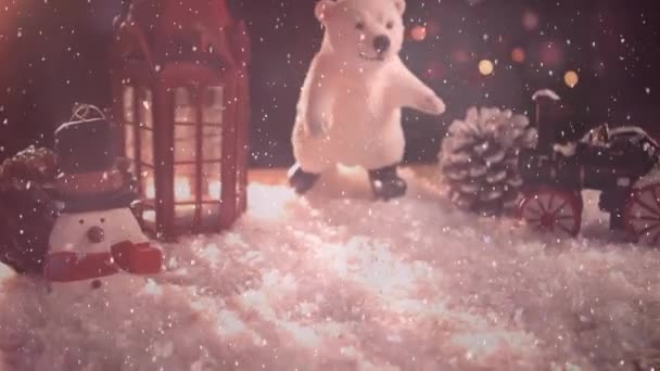Анімація Різдвяних Прикрас Ліхтарем Білим Ведмедем Снігом Концепція Святкування Різдва — стокове відео