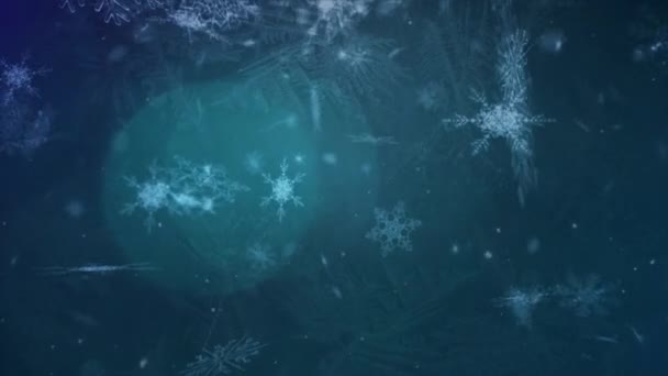 Digitale Animatie Van Sneeuwvlokken Die Gloeiende Lichtvlekken Tegen Een Blauwe — Stockvideo