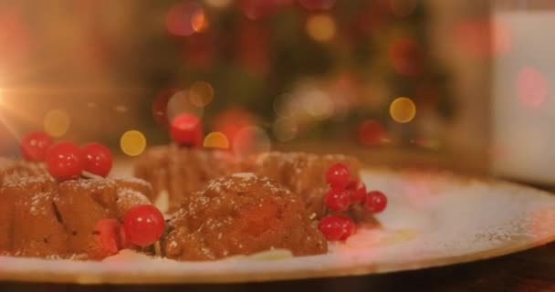 Animacja Płyty Puddingiem Świątecznym Świecącymi Światłami Koncepcja Święta Bożego Narodzenia — Wideo stockowe
