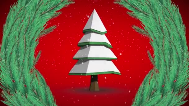 Animacja Choinki Wieńca Śniegiem Padającym Czerwone Tło Koncepcja Święta Bożego — Wideo stockowe