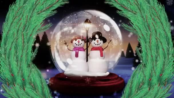 Анимация Санта Клауса Снеговика Снежном Шаре Черном Фоне Концепция Празднования — стоковое видео