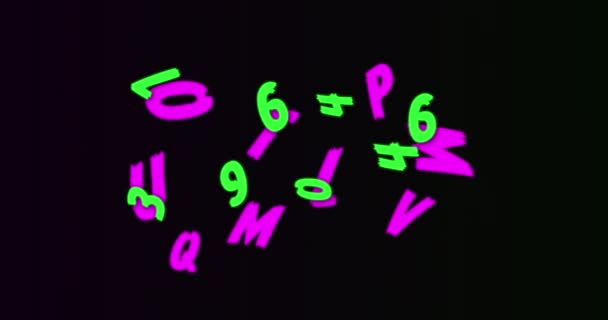 Neon Random Numbers Alphabets Moving Changing Black Background Alphabetical Numerical — Stock Video