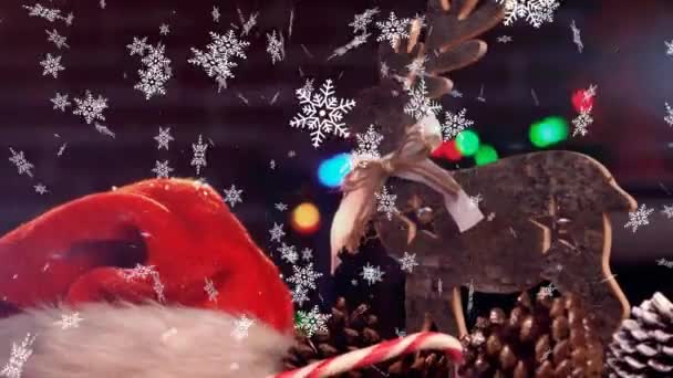 Animace Vánoční Výzdoby Santa Klobouk Sobi Padající Sníh Vánoční Slavnostní — Stock video