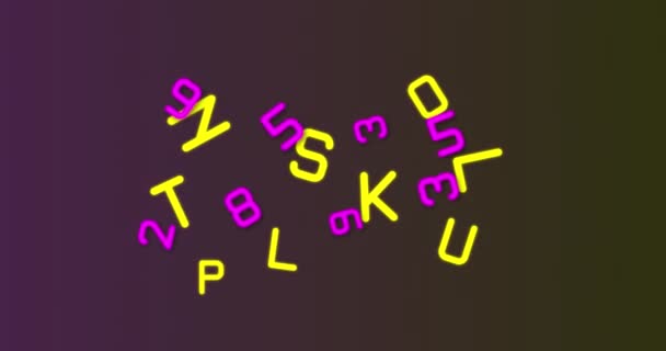 ネオンランダムな数字とアルファベットは 茶色の背景に移動し 変化します アルファベットと数字のデータ処理情報フローの概念 — ストック動画
