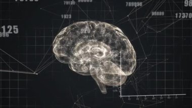 Dijital arayüz istatistik numaralarıyla parlayan insan beyninin animasyonu. küresel teknoloji bilgi bağlantısı ağ konsepti dijital olarak oluşturulmuş görüntü.