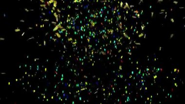 Siyah arka plandan düşen çok renkli konfeti animasyonu. Yeni yıl arifesi parti kutlaması konsepti dijital olarak oluşturuldu.