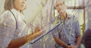 Uzun otların rüzgarda savrulduğu dijital animasyon. Kadın doktorların panoya yazı yazması ve hastanede oturan yaşlı adamın. dijital birleşik video konsepti