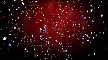 Çok renkli konfetilerin parlayan kırmızı arka plandan düşüşünün animasyonu. Yeni yıl arifesi parti kutlaması konsepti dijital olarak oluşturuldu.