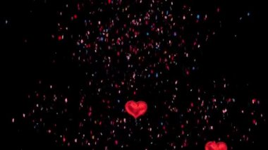 Çok renkli konfetilerin düşüşünün ve kırmızı kalp balonlarının animasyonu. Yeni yıl arifesi sevgililer günü kutlamaları dijital olarak oluşturulmuş bir görüntü..