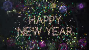 Çok renkli konfetilerin yeni yıla düşüşünün animasyonu. Yeni yıl arifesi parti kutlaması konsepti dijital olarak oluşturuldu.