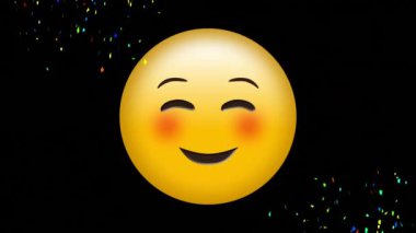 Siyaha gülümseyen emojinin üzerine düşen çok renkli konfeti animasyonu. Yeni yıl arifesi parti kutlaması konsepti dijital olarak oluşturuldu.